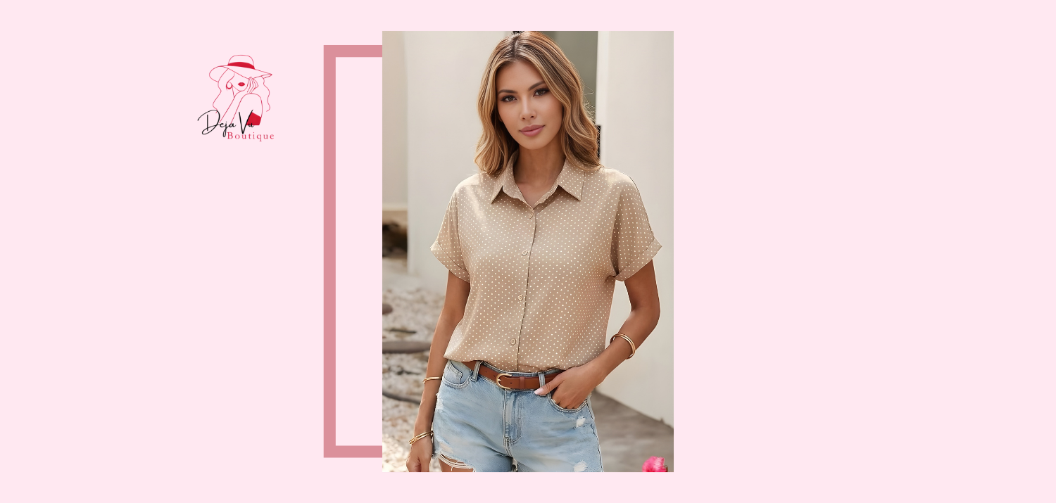 Woman wearing a beige shirt and blue jeans standing in a room with pink border and logo.