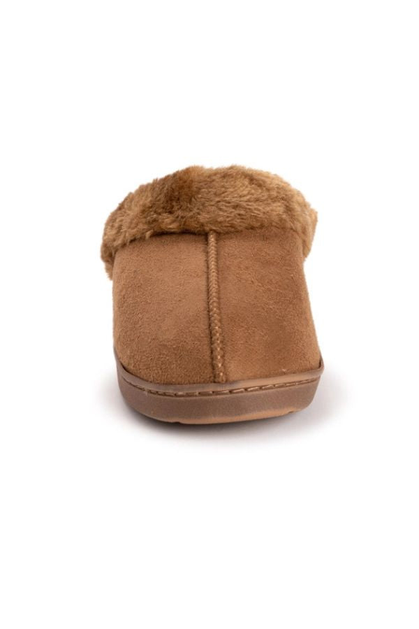 MUK LUKS Polysuede Clog Slippers in tan faux suede with a plush faux fur lining and trim.