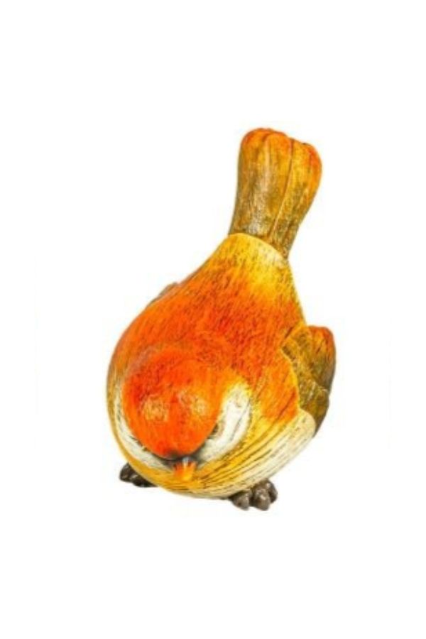 The Fall Finch Tabletop is a small, round resin figurine featuring orange and brown feathers and a downward-pointing beak, standing on two feet against a white background—making it a charming addition to your autumn decor.