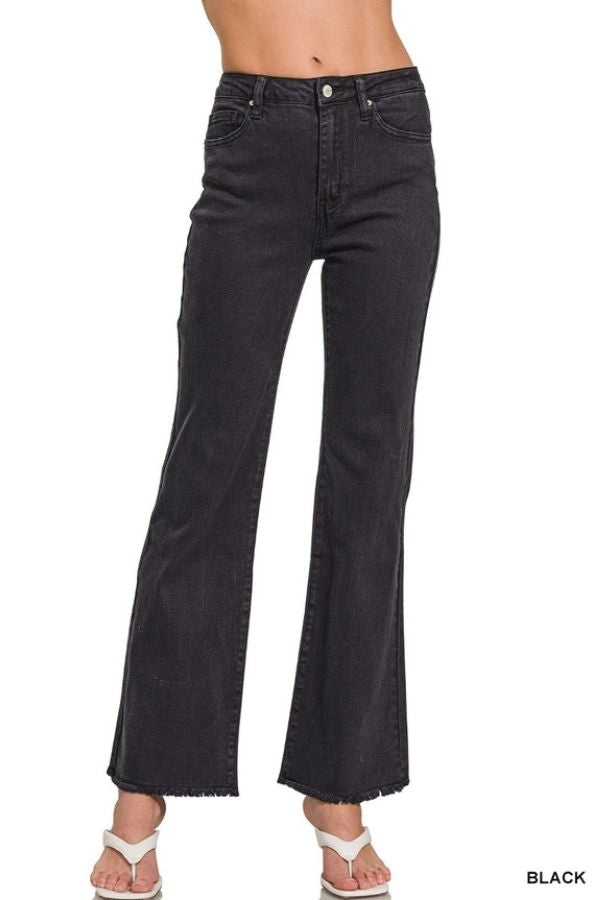 Acid Wash Wide Leg Pants in black with a high-rise fit, subtle acid wash, and frayed hems.