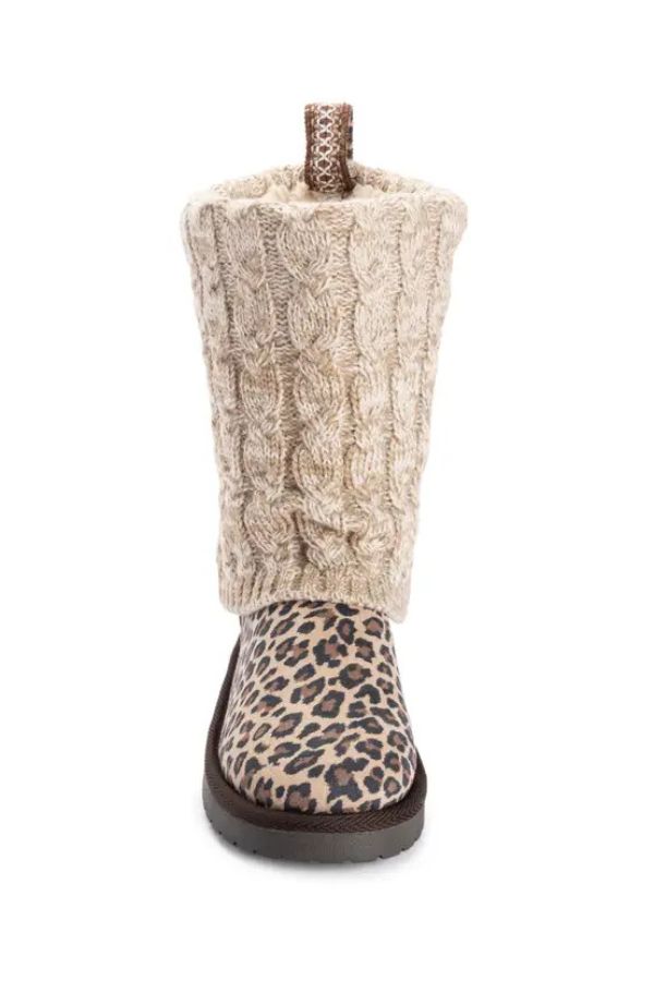 MUK LUKS Cheryl Leopard Boots are mid-calf leopard print boots featuring a tan cable-knit sweater cuff.