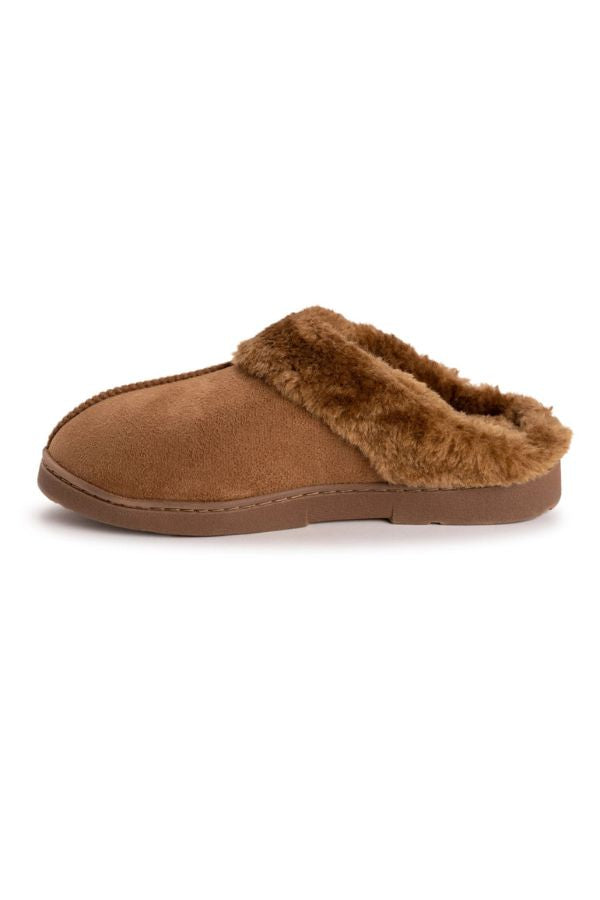 MUK LUKS Polysuede Clog Slippers in brown suede with a plush faux fur lining, memory foam insole, and a flat rubber sole.