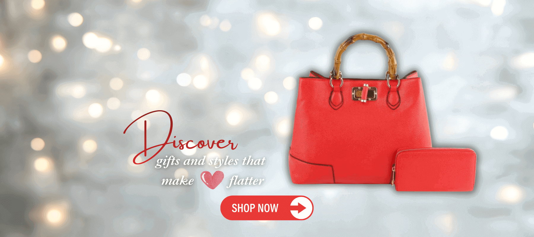 Red handbag and wallet set with Discover gifts that make hearts flutter for Valentines gifts.