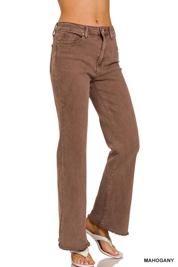 Brown Acid Wash Wide Leg Pants featuring a high-rise waist and a distressed raw hem.