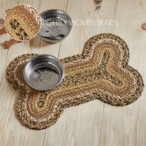 Braided Bone Shaped Rug with two metal pet bowls on top, placed on a wooden floor. Inset circle provides a close-up view of the rug’s durable braided construction, emphasizing its texture and intricate details.