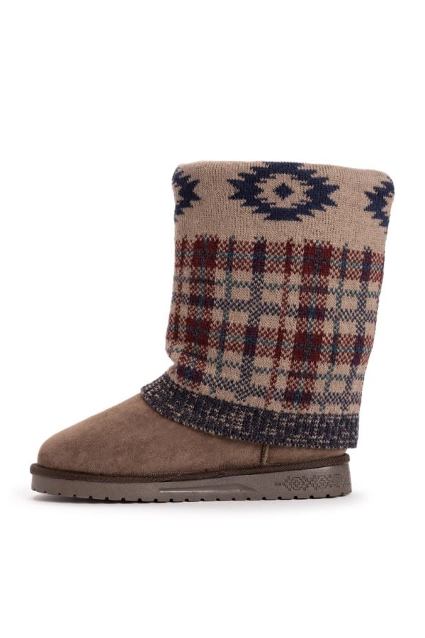MUK LUKS Cheryl Aztec Plaid mid-calf boots with a brown foot, a patterned knit cuff featuring a plaid and geometric design, and a flat, water-resistant rubber sole.