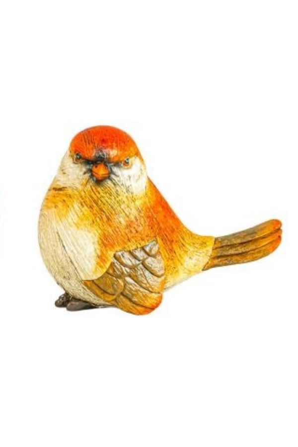 The Fall Finch Tabletop is a small, round resin figurine featuring orange and white feathers with brown wings, sitting facing forward on a white background—making it a charming choice for autumn decor.