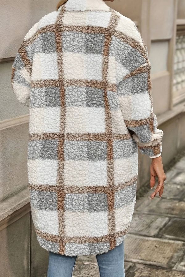 Back view of a Plaid Teddy Fleece Coat in a grey, white, and brown plaid pattern.