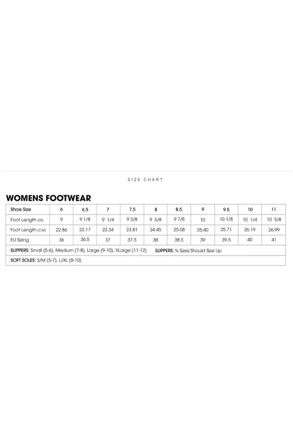 Womens footwear size chart for MUK LUKS Cheryl Toggle Boots, showing conversions between US sizes 6–11, foot length in inches and centimeters, EU sizing, and notes for soft sole sizing.