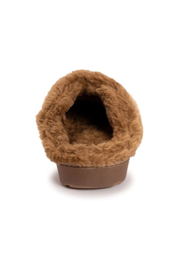 Rear view of brown MUK LUKS Polysuede Clog Slippers with a faux-fur lining and a flat memory foam insole.