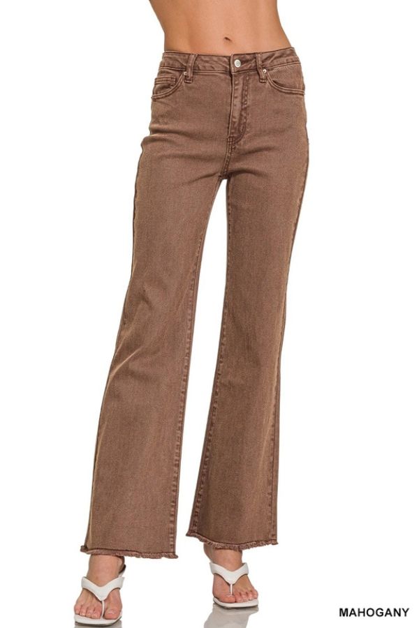 Acid Wash Wide Leg Pants in brown featuring a high-rise waist, distressed hem, and acid-washed finish.