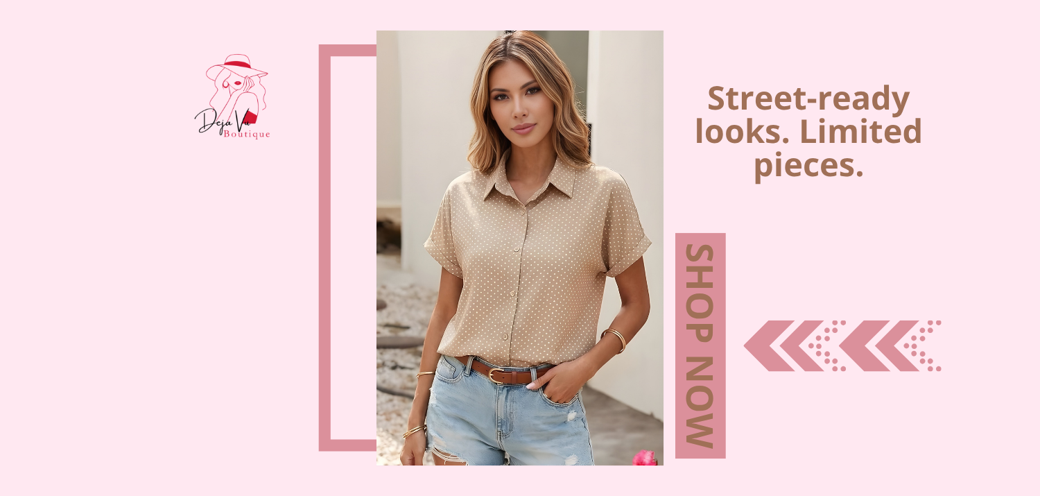 Woman wearing a beige shirt and blue jeans with promotional text on a pink background