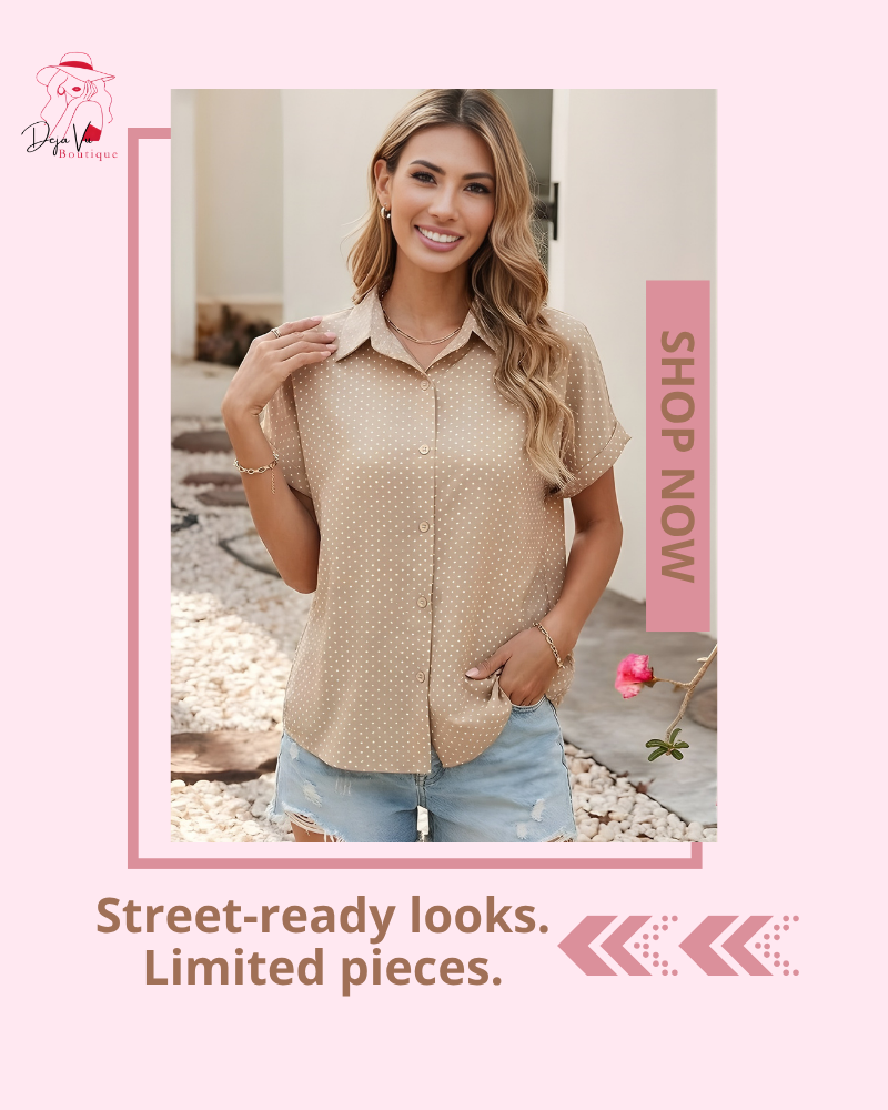 Woman wearing a beige patterned shirt with text promoting limited pieces to shop now.