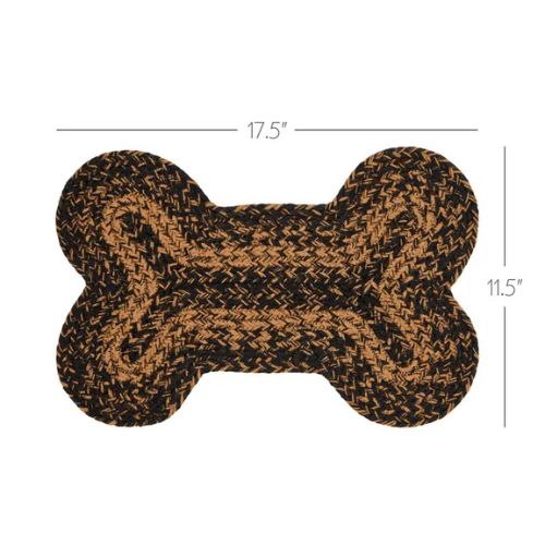 The Braided Bone Shaped Rug features durable braided construction in black and brown, measures 17.5 inches long by 11.5 inches wide, and is perfect as a stylish dog rug for your furry friend.