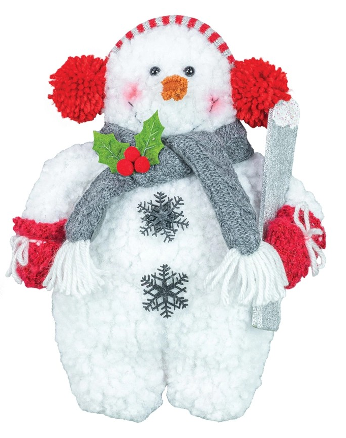 Add a festive touch to your home with the Plush Snowman Decor, featuring red earmuffs, red mittens, a gray scarf, button-like snowflakes, a carrot nose, and holly leaves while holding a glittery stick—this charming figure is perfect for your holiday decor and brings cheerful winter charm with its adorable accessories.