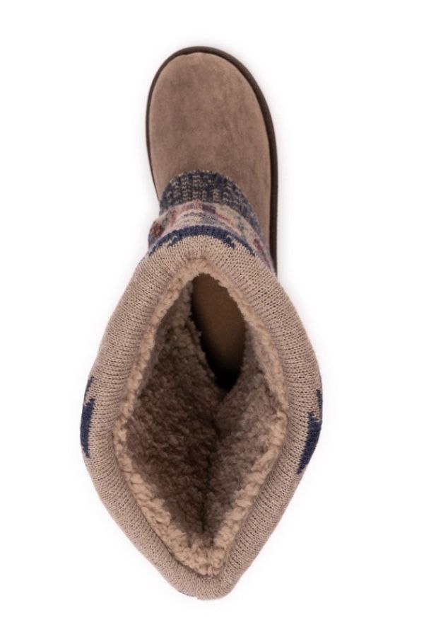 Top-down view of tan MUK LUKS Cheryl Aztec Plaid Boots featuring a patterned knit cuff and faux-shearling lining.
