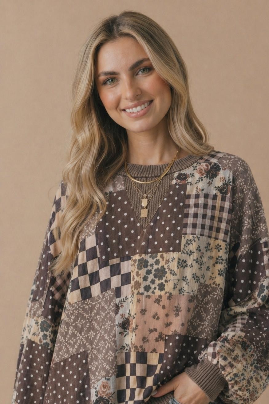 A woman with long wavy blonde hair smiles, wearing layered gold necklaces and the Plus Patchwork Pullover—a loose, oversized sweatshirt featuring floral and geometric designs—standing against a beige background.