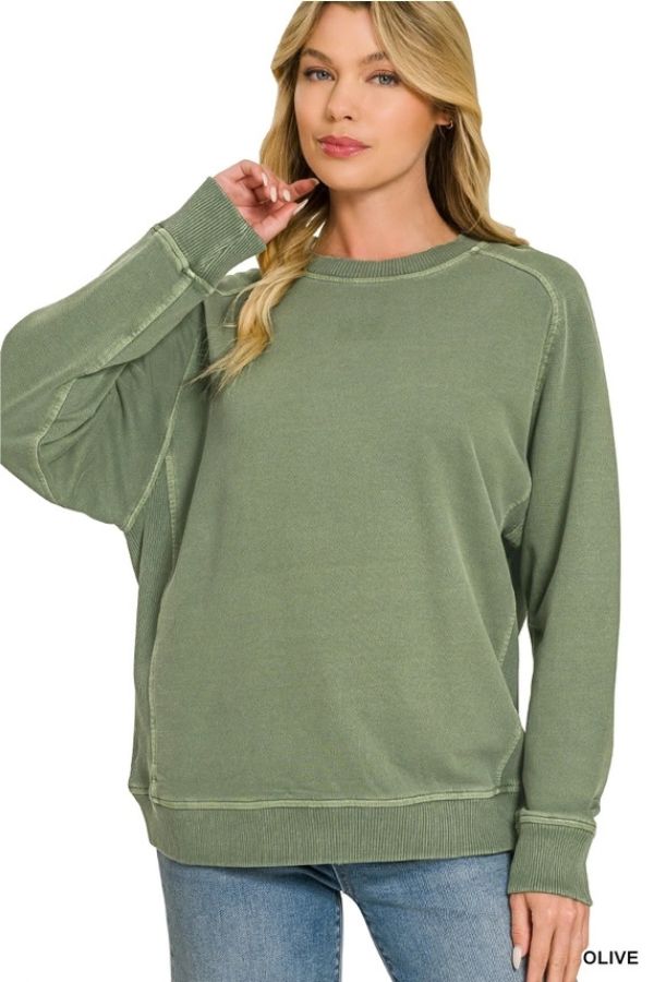 Relaxed-fit olive green Pigment Dye French Terry Sweatshirt featuring a crewneck with ribbed cuffs and hem.