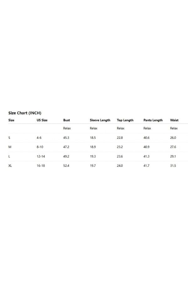 A size chart for the Striped Collared Lounge Set displays US sizes S-XL with corresponding bust, sleeve length, top length, pants length, and waist measurements in inches for each size. This chart helps ensure a perfect fit for both the collared pullover and the matching wide-leg pants.