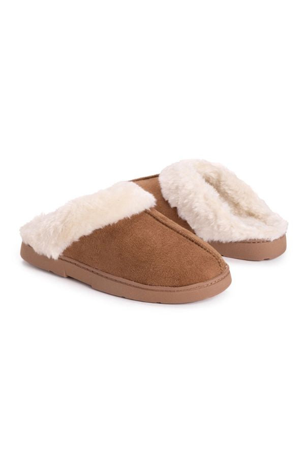MUK LUKS Polysuede Clog Slippers in brown faux suede with white faux fur lining and a memory foam insole.