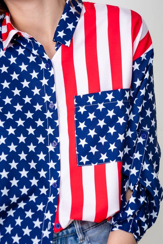 Close-up of a person wearing the Patriotic Button Shirt featuring an American flag design—blue with white stars on one side, red and white vertical stripes on the other, with stars on the pocket and sleeves for a bold, patriotic look.