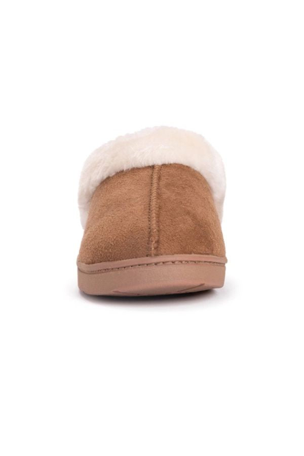 MUK LUKS Polysuede Clog Slippers in brown with a white faux-fur lining and a flat sole, viewed from the front.