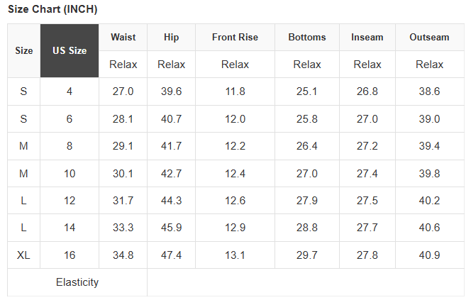 Size chart in inches for Floral Pull-On Jeans, listing waist, hip, front rise, bottom opening, inseam, and outseam for US sizes S–XL in a table. Elasticity details are included at the end.