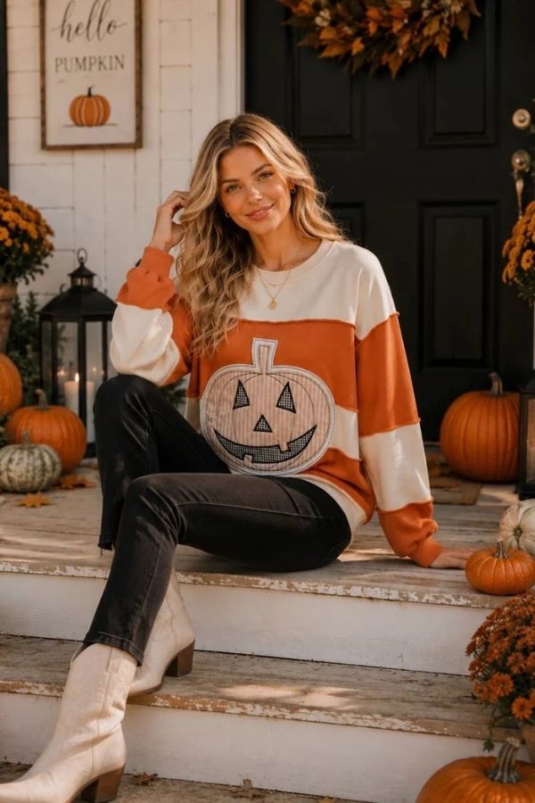 A woman sits on steps decorated with pumpkins and flowers, wearing a Gingham Pumpkin Sweatshirt paired with black pants and white boots. A hello pumpkin sign hangs on the wall behind her, capturing the cozy spirit of pumpkin season.