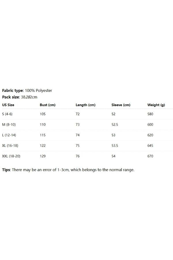 A size chart for the Holiday Plaid Cozy Shacket—a cozy fall layer crafted from polyester—includes US sizes S to XXL, with measurements for bust, length, sleeve, and weight provided in centimeters and grams. It also notes a possible 1-3 cm measurement variance. The button-front closure allows for easy wear and effortless styling.