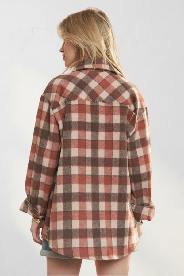 A person seen from behind wearing an oversized, relaxed-fit brown and cream Plaid Wool Blend Shacket.