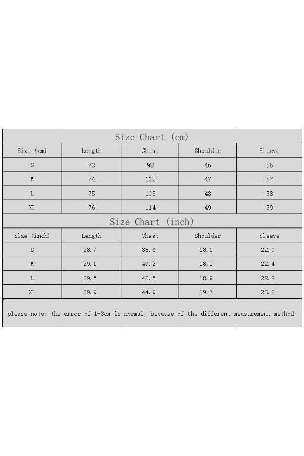 A size chart provides clothing measurements in centimeters and inches for sizes S to XL—including length, chest, shoulder, and sleeve—to help you find your best fit in the Rust Plaid Longline Coat. Please note that a 1–3cm discrepancy may occur due to different measurement methods.