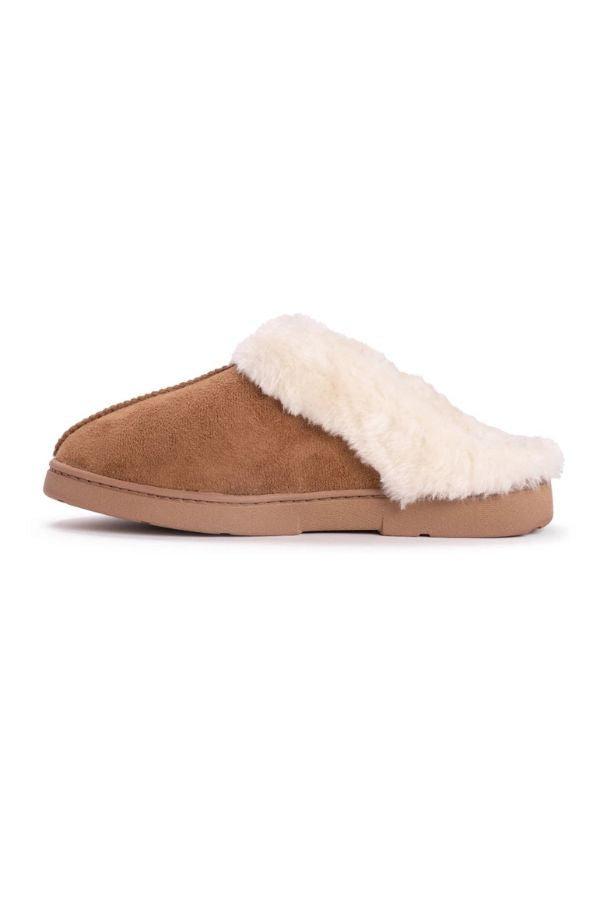 Tan MUK LUKS Polysuede Clog Slippers featuring a memory foam insole and a white faux-fur lining and trim.