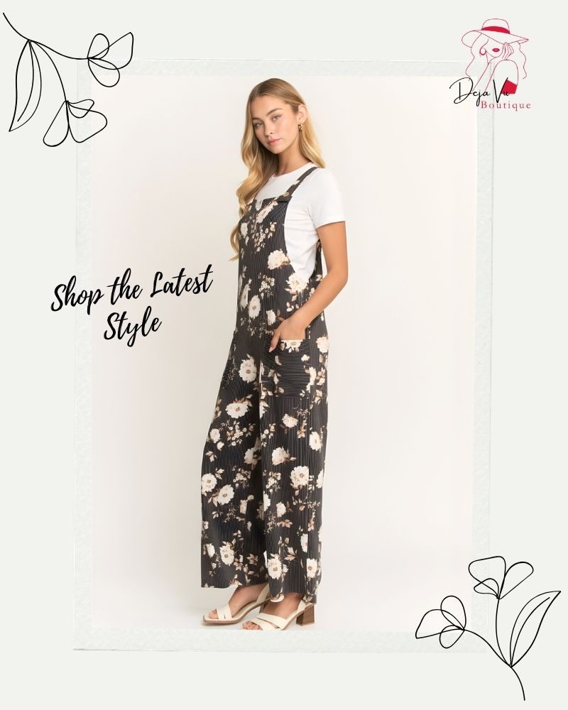 Woman wearing a floral jumpsuit with text 'Shop the Latest Style' on a white background