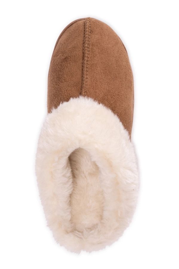 Top-down view of brown MUK LUKS Polysuede Clog Slippers with a plush faux fur lining and memory foam insole.