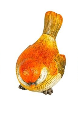 The Fall Finch Tabletop is a small orange and yellow resin figurine featuring a finch with its head down and tail up, posed as if pecking at the ground against a white background—making it a charming accent for autumn decor.
