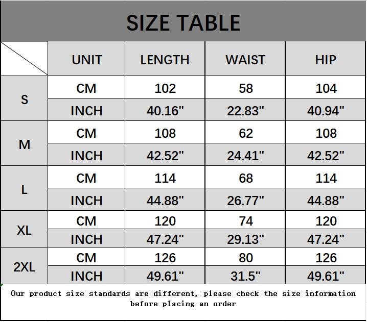 A size chart for Tropical Wide Leg Pants lists S, M, L, XL, and 2XL in cm and inches for length, waist, and hip—perfect for finding your fit in these high-rise elastic waistband pants. Size standards may differ.