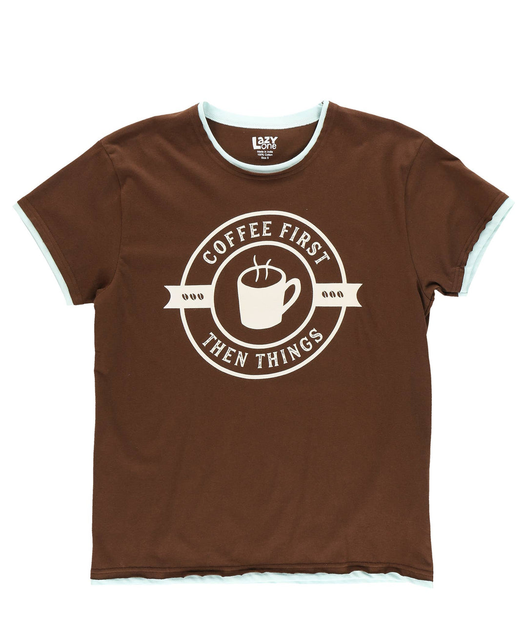 The Dog Mom, Cat Nap & More Pajama Tops feature a brown T-shirt with light blue trim, crafted from soft cotton and adorned with a steaming coffee cup graphic and "COFFEE FIRST THEN THINGS" text in a circular design—ideal for cozy lounging.