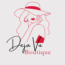 Logo of Deja Vu Boutique with a stylized woman wearing a hat on a light gray background