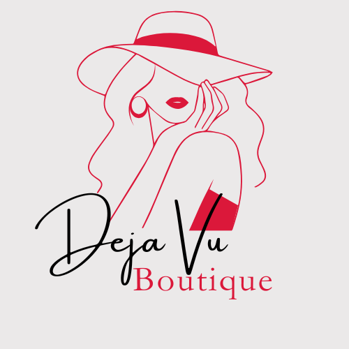 Logo of Deja Vu Boutique with a stylized woman wearing a hat on a light gray background