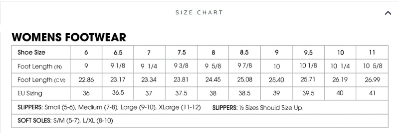MUK LUKS Polysuede Clog Slippers size chart listing shoe size, foot length in inches and centimeters, and EU sizing with corresponding size ranges for memory foam insole clog slippers.