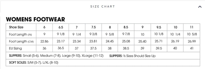 MUK LUKS Polysuede Clog Slippers size chart listing shoe size, foot length in inches and centimeters, and EU sizing with corresponding size ranges for memory foam insole clog slippers.
