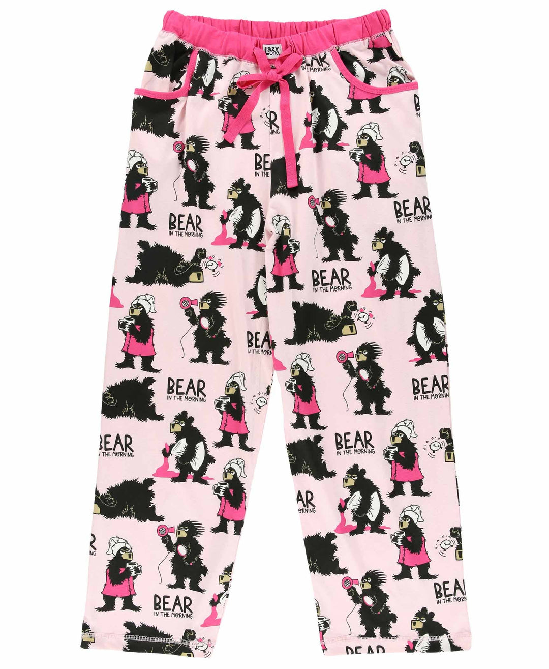 Dog Mom, Cat Nap & More Pajama Pants—pink lounge pants with a drawstring waist, featuring cartoon bears and characters in black and pink outfits, plus BEAR text by The Pawpaws.
