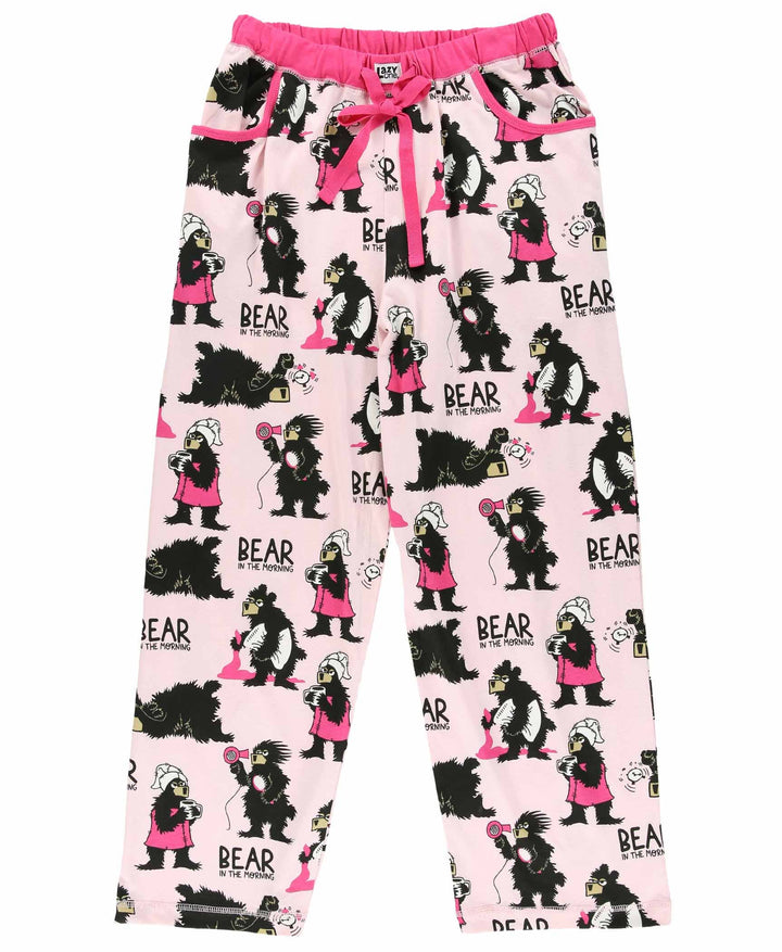 Dog Mom, Cat Nap & More Pajama Pants—pink lounge pants with a drawstring waist, featuring cartoon bears and characters in black and pink outfits, plus BEAR text by The Pawpaws.