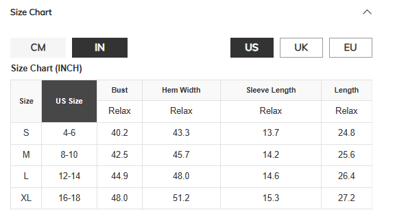 The Multicolor Stripe Shirt size chart for women displays US sizes S–XL with bust, hem width, sleeve length, and shirt length in inches. A toggle lets you switch units (IN/CM) and size systems (US/UK/EU).