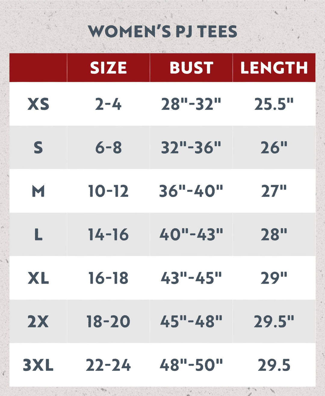 A size chart for Dog Mom, Cat Nap & More Pajama Tops in women’s sizes XS–3XL shows US sizes, busts, and shirt lengths (inches), with a red header and gray rows. These lounge tops feature novelty prints on soft cotton fabric.