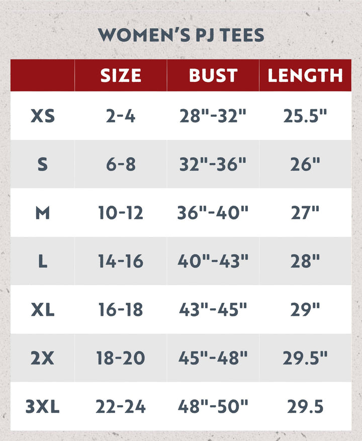 A size chart for Dog Mom, Cat Nap & More Pajama Tops in women’s sizes XS–3XL shows US sizes, busts, and shirt lengths (inches), with a red header and gray rows. These lounge tops feature novelty prints on soft cotton fabric.