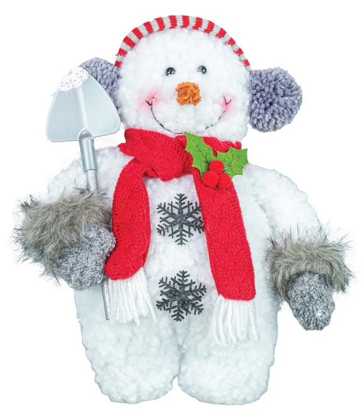 The Plush Snowman Decor features a smiling snowman wearing earmuffs, a red scarf, and a striped hat while holding a gray shovel. Detailed with gray mittens, furry cuffs, snowflake decorations, and a holly accent near its face, this adorable piece is the perfect festive addition to your holiday decor and showcases the charm of plush snowmen with delightful winter accessories.