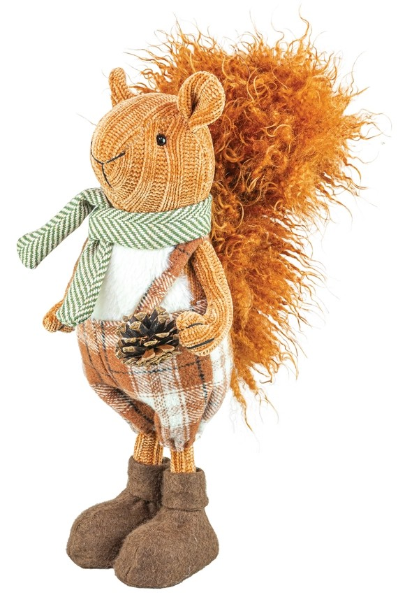 The Plush Harvest Squirrel features soft orange fur, a green striped scarf, a plaid vest, and brown boots. Standing upright on two legs and holding a pinecone, this adorable figurine is perfect for cozy fall décor.