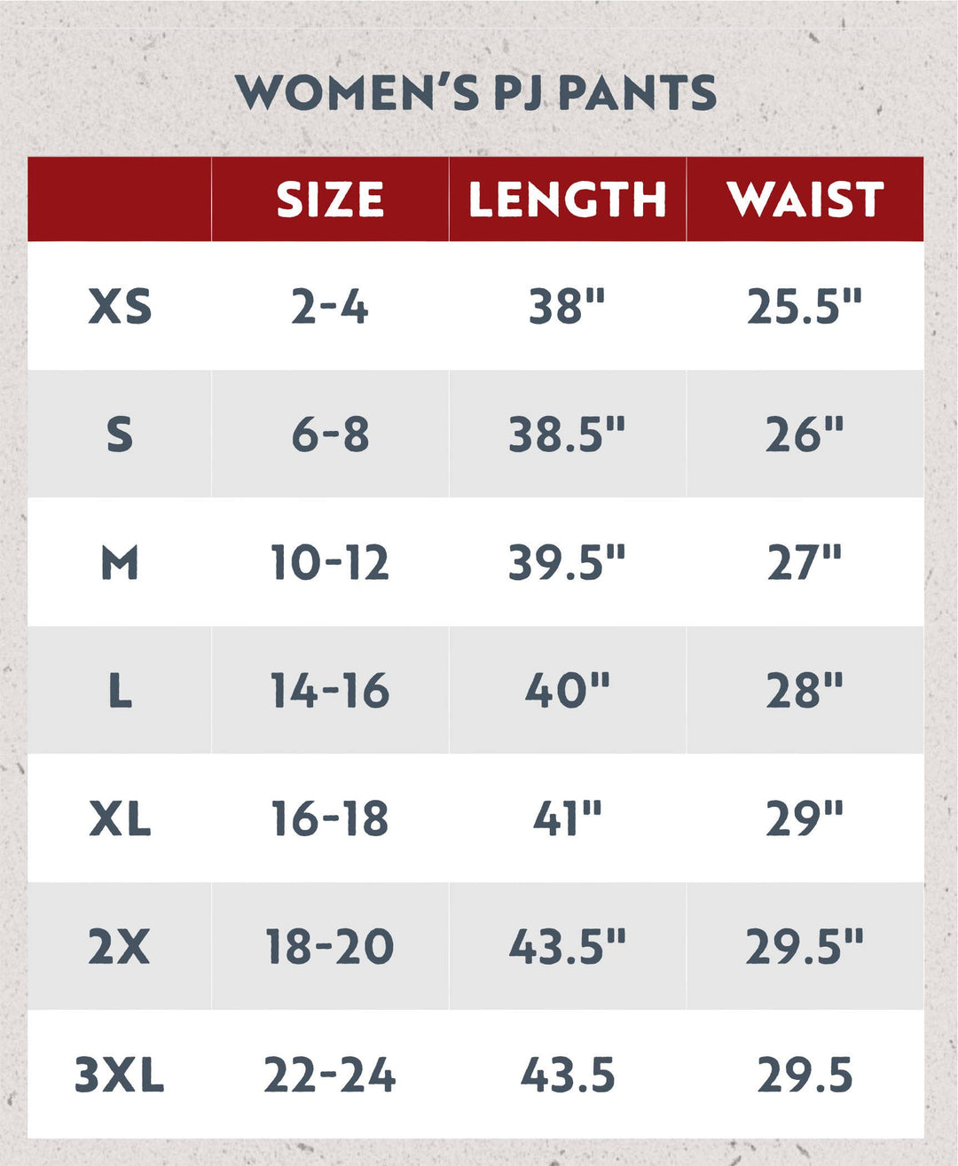 The Dog Mom, Cat Nap & More Pajama Pants women’s size chart lists XS–3XL with US sizes, pant lengths, and waist measurements (inches) for each novelty print lounge pant.