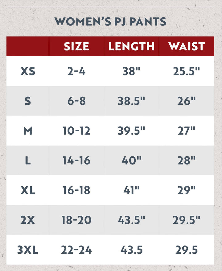 The Dog Mom, Cat Nap & More Pajama Pants women’s size chart lists XS–3XL with US sizes, pant lengths, and waist measurements (inches) for each novelty print lounge pant.